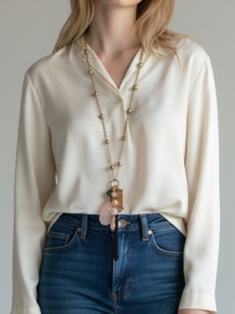 Chico's Long Gold Beaded Necklace with Pink Stone Charms